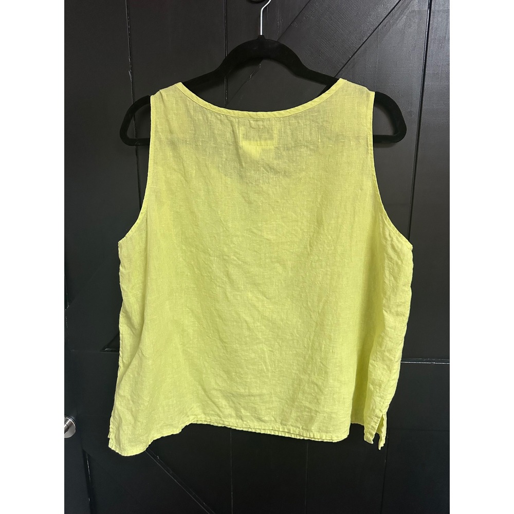 Flax Linen Tank Top Chartreuse Yellow Green Sleeveless Boxy Scoop Neck Medium - Picture 3 of 6